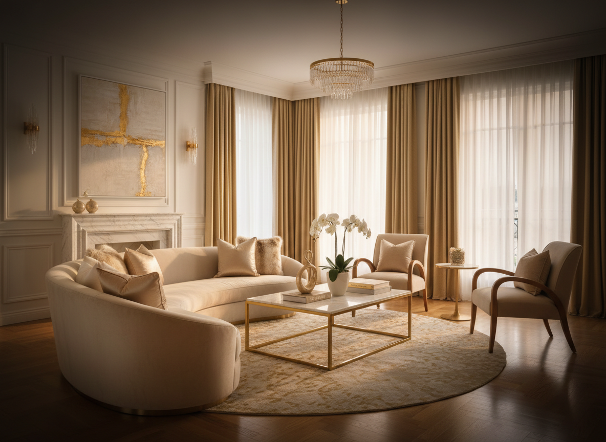 Elegant luxurious interior of a pristine modern living room, soft warm natural light, champagne gold and warm white tones