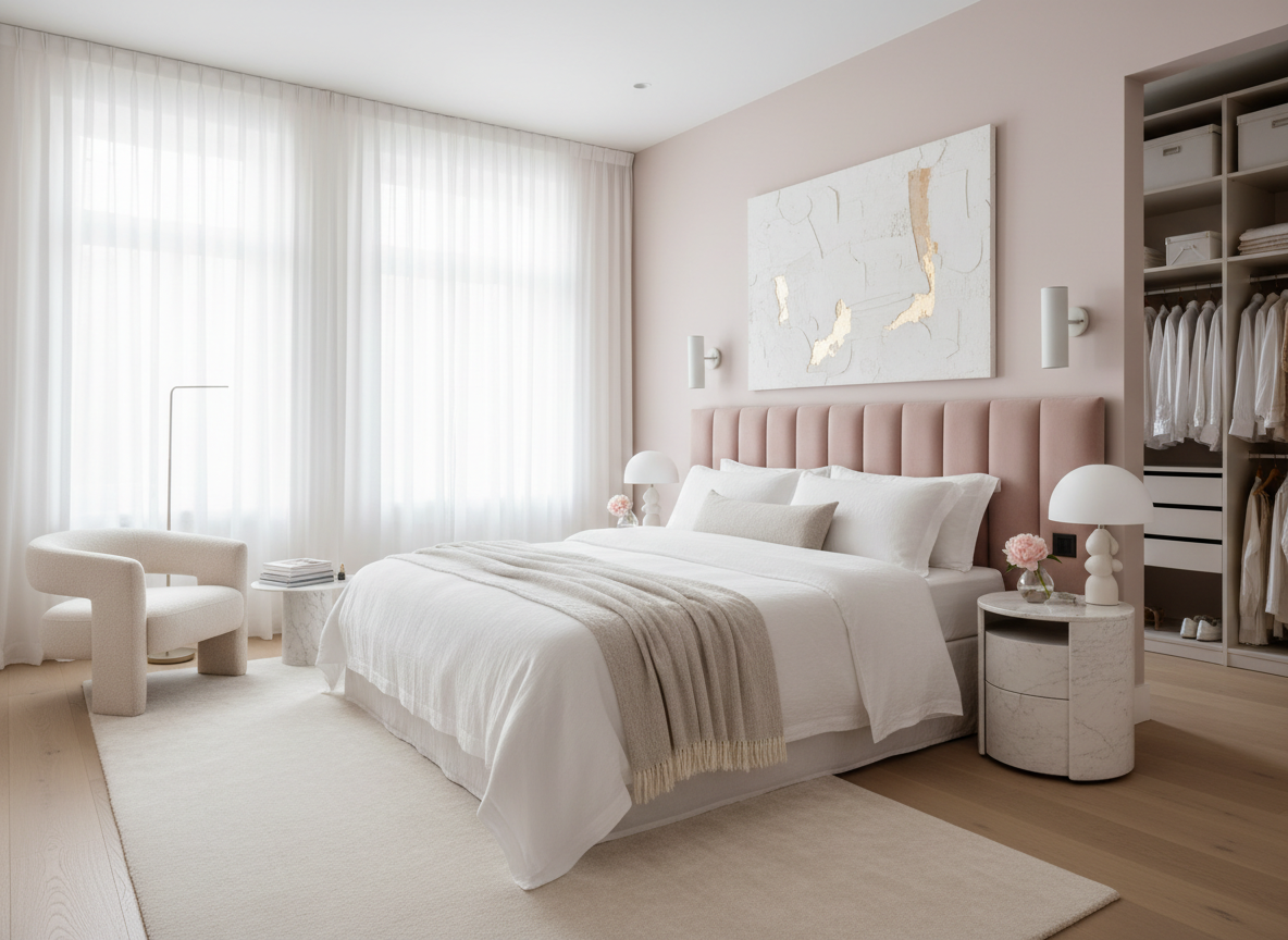 Beautifully clean bright residential bedroom with crisp white linens